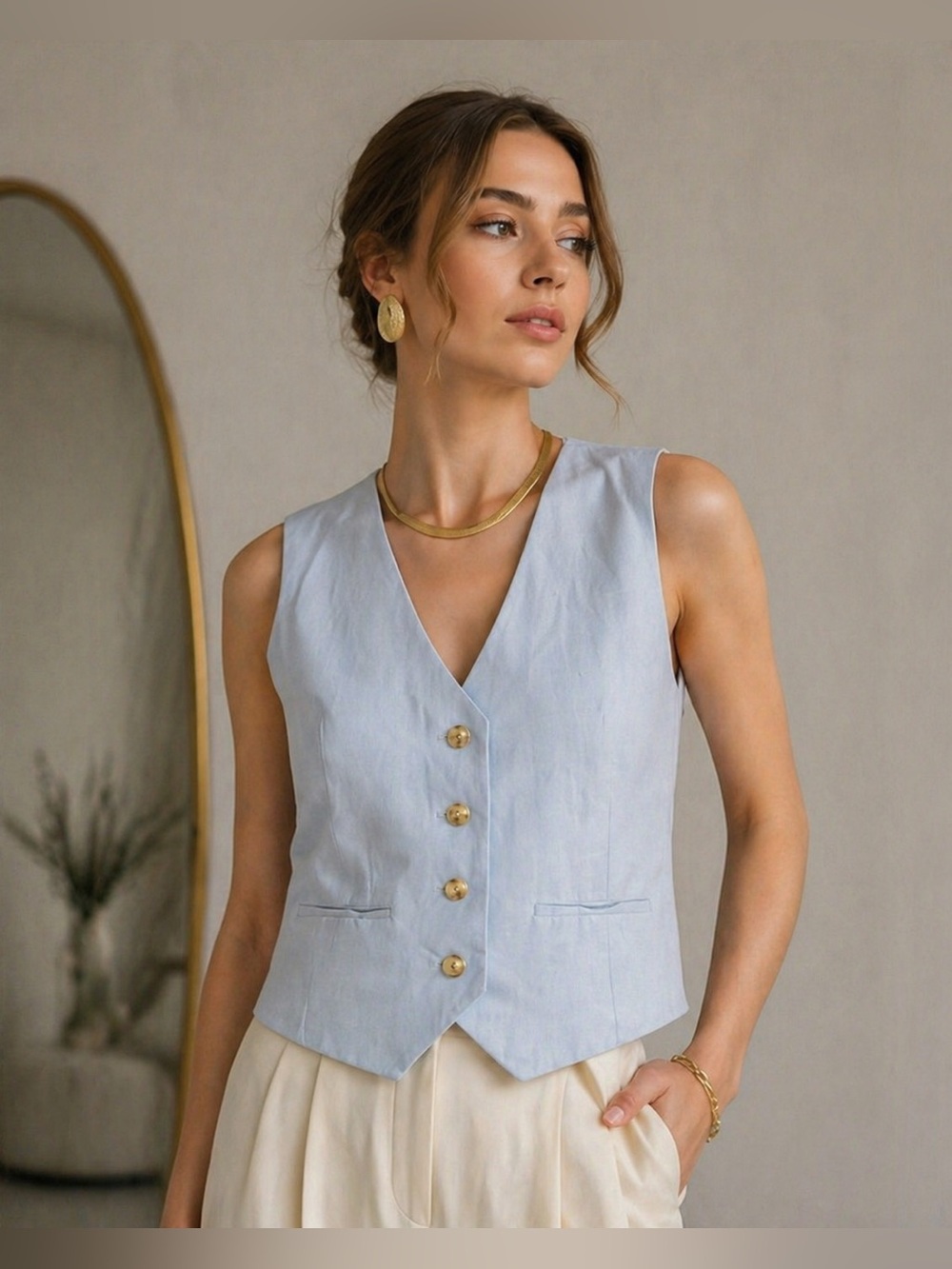 Blue linen vest